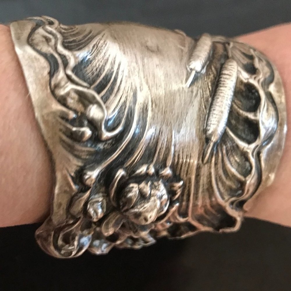 Art Nouveau Cuff Bracelet Water Lilly Floral Solid Sterling Silver 925 Antique